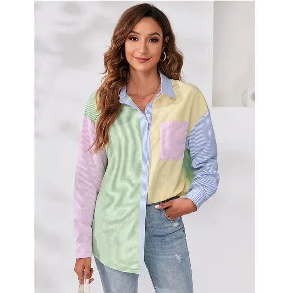 Multicolor Striped Casual Oversized Button Down Shirt (Blue, Green, Yellow, Pink - Picture 5 of 8